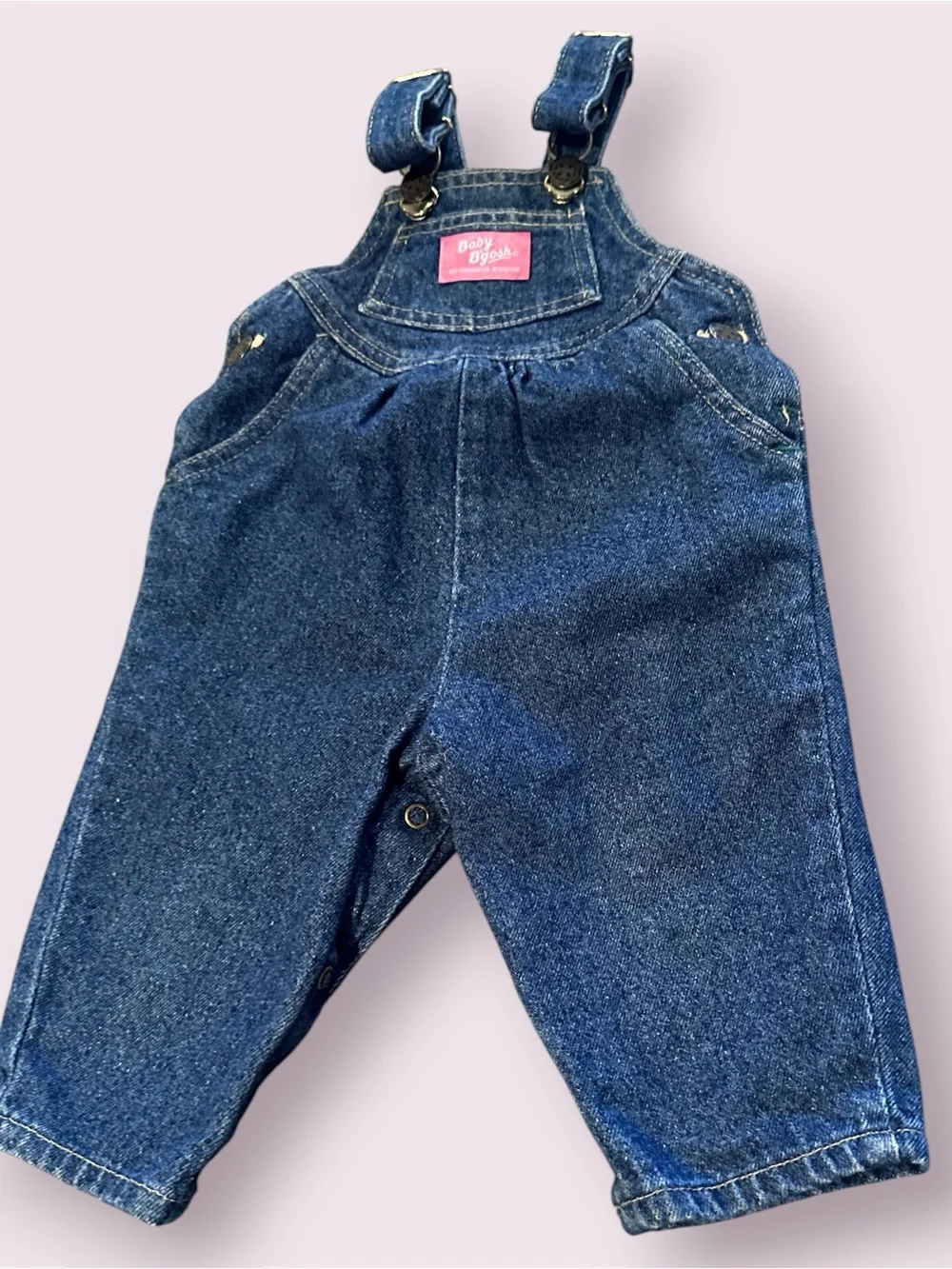 Vintage Baby OshKosh B'Gosh Denim Overalls in Dark Blue Pink Logo Sz 12 Mon